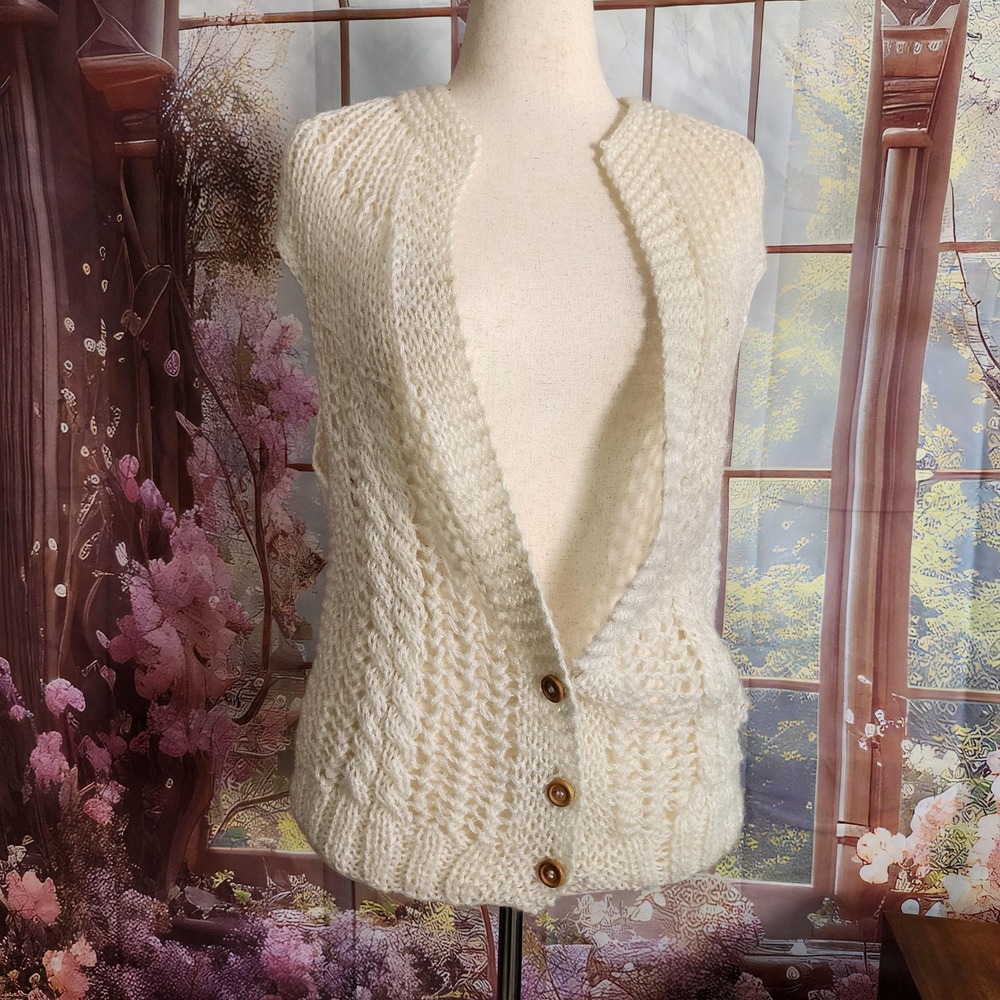 Vintage Ivory Open Knit Button Front Sweater Vest Cream Boho M/L